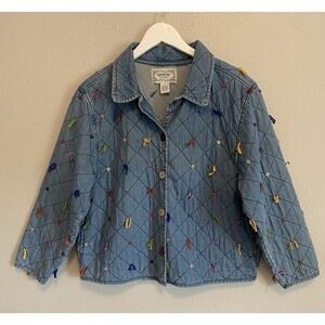 Vintage 90s Tantrums QuiltedDenim Jacket Tassel Novelty Button Front Boho  L
